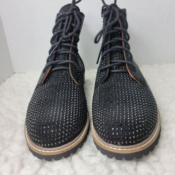 L'Amour Des Pieds Women's Size 7 Black Suede Raynelle Rhinestone Combat Boots - Picture 2 of 9